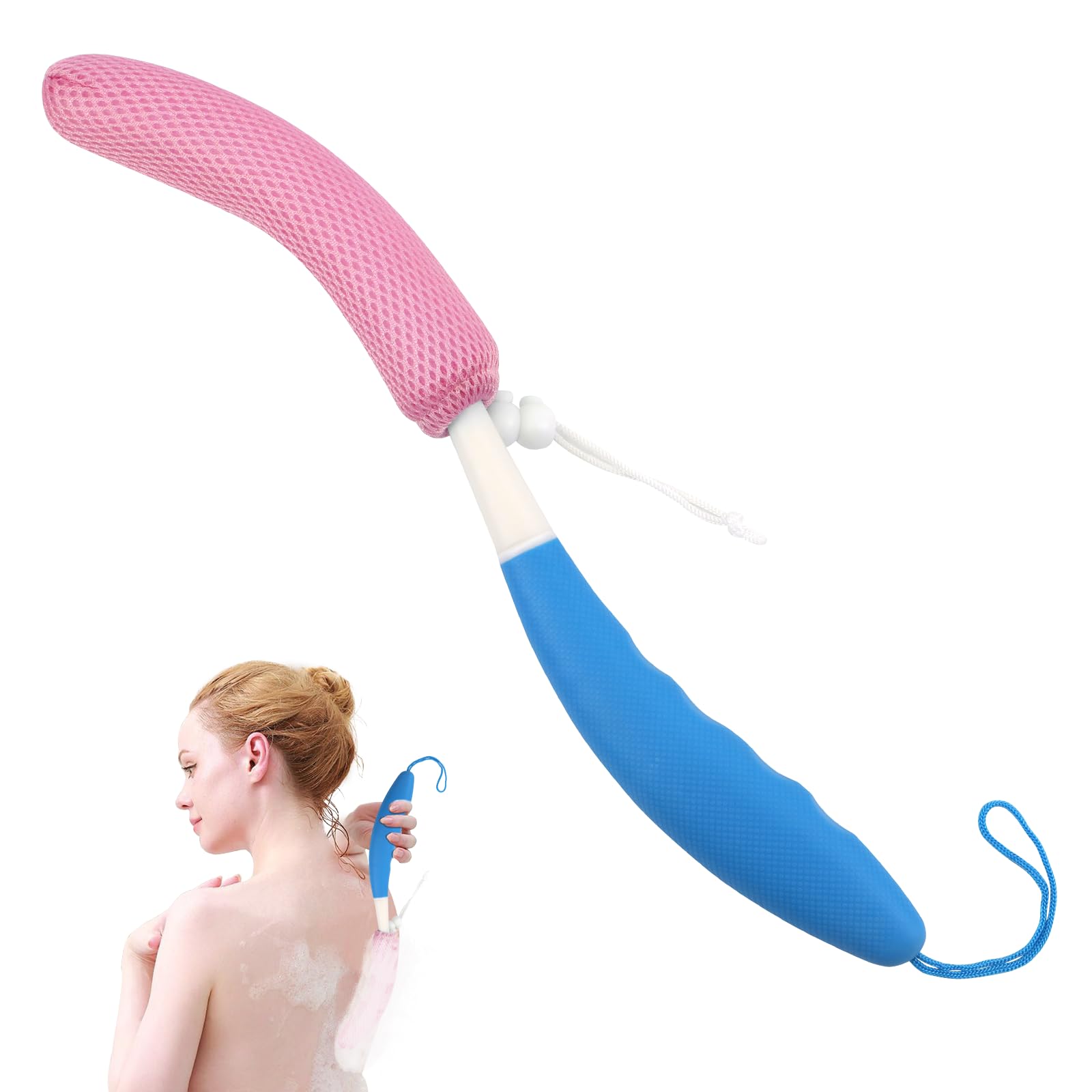 KkaFFe Back Scrubber for Shower，Mesh Sponge Shower Brush with Long Handle for Use in Back Shower,Bath Brush for Exfoliating Body Scrubber(Blue-Pink)