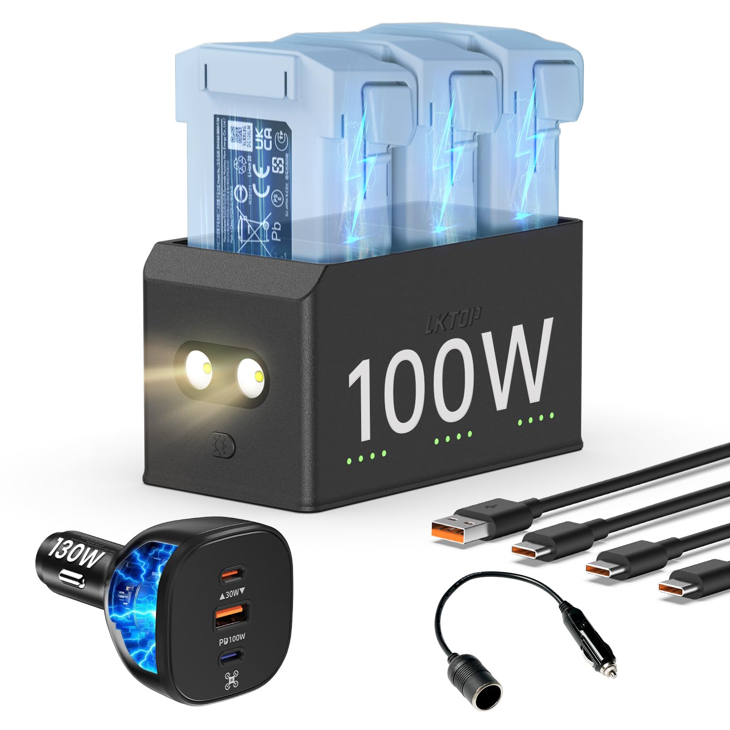 LKTOP 100W Mini 5/4/3 Series Battery Charging Hub with 130W Car Charger USB-C Super Fast Charger for DJI Mini 5 Pro/4 Pro/3 Pro/3, SKYROVER X1 Drone Accessories (Parallel Charge 3 Batteries: 47/70min)
