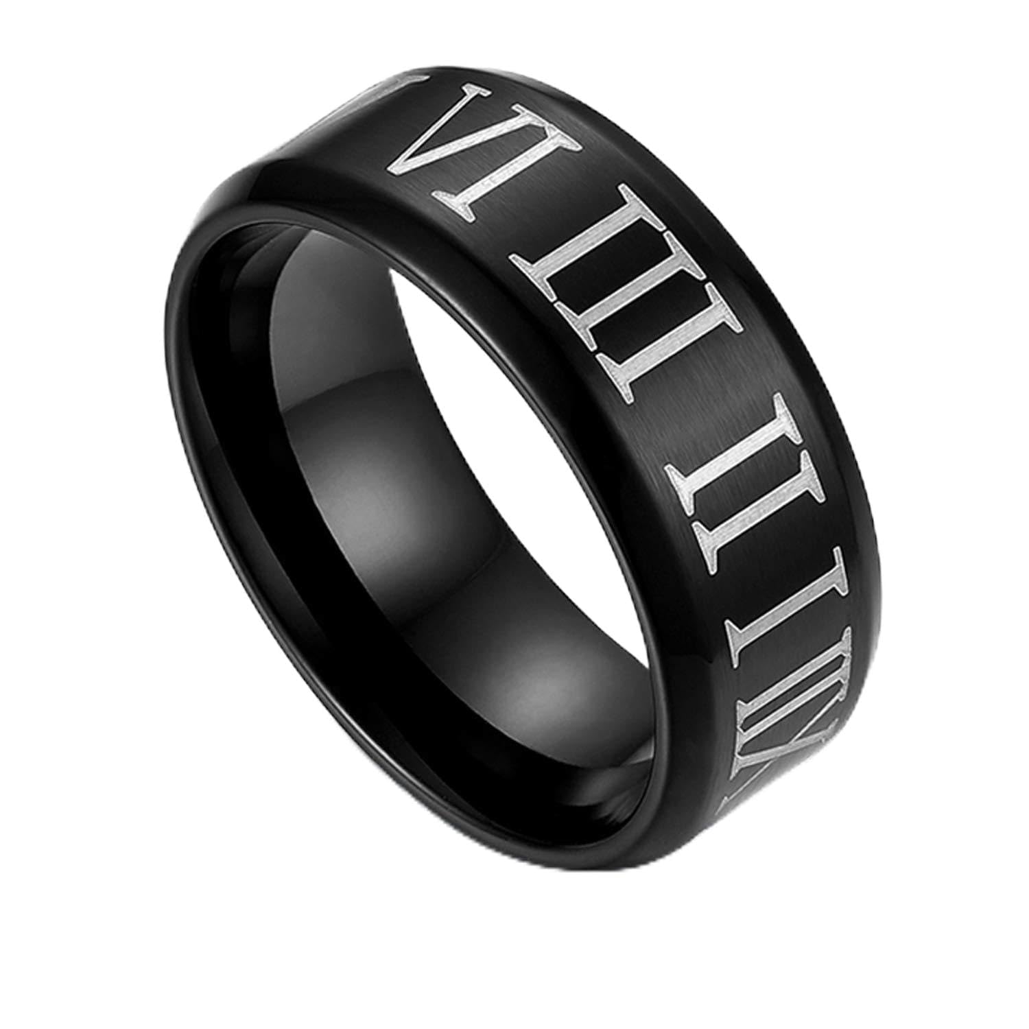 JewelryWe Mens Ring, Heyrock Roman Numerals Black Ring Stainless Steel Cool Men Cocktail Rings(Size R 1/2)