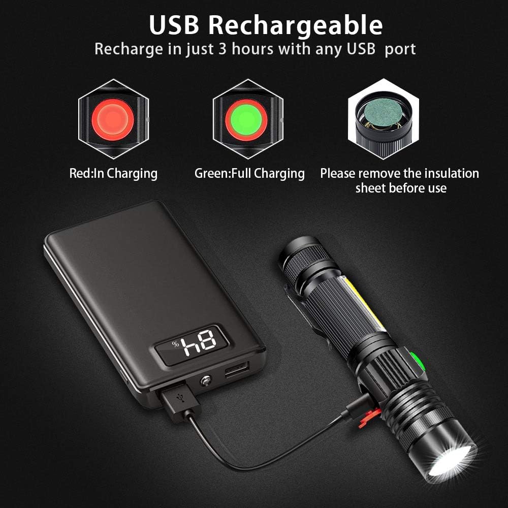 LED Flashlight Rechargeable, Tactical Flashlight Magnetic with Cob (Battery Included), Pocket-Size LED Torch with Clip, Waterproof, Zoomable, 4 Mode Flash Light for Camping, Emergency Use - - 
