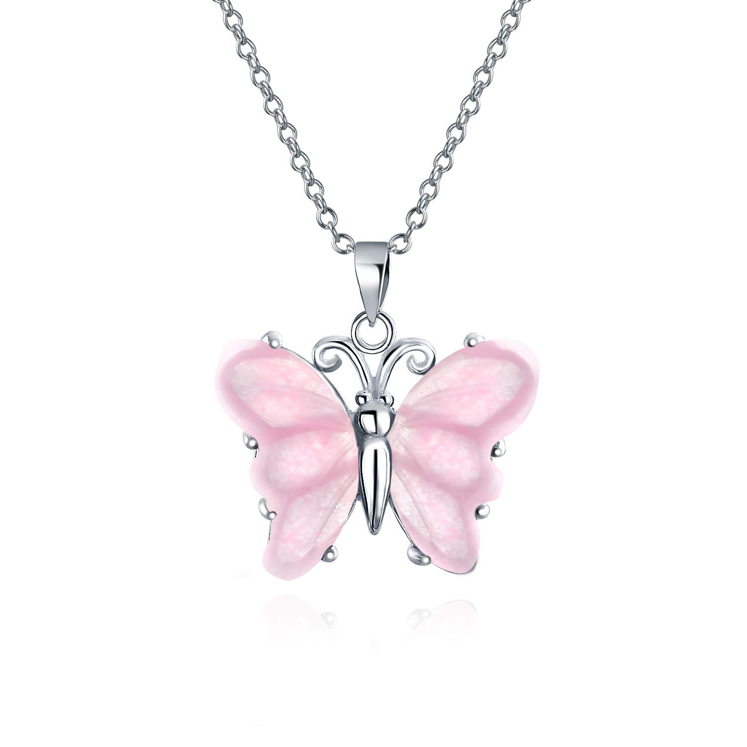 Bling Jewelry Handcrafted Carved Light Pink Rose Quartz Translucent Garden Butterfly Pendant Necklace For Women Teen .925 Sterling Silver With Chain