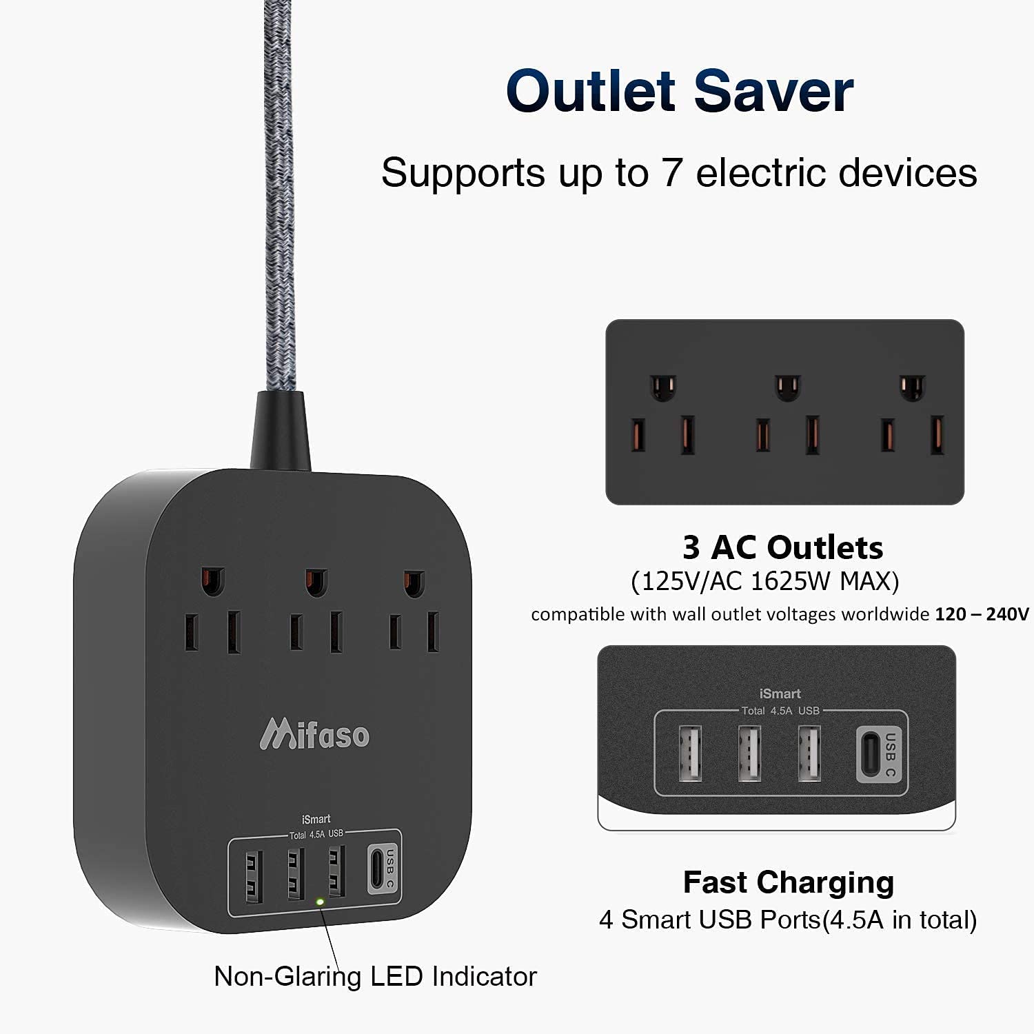 Power Strip with USB C, 3 Outlet 4 USB Ports 4.5A Flat Plug Desktop Charging Station, Non Surge Protector with 5ft Heavy Duty Braided Extension Cord for Cruise Ship Travel Office Home, ETL Listed