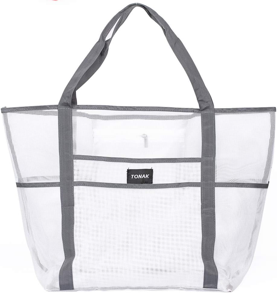 Mesh Beach Bag Toy Tote Bag Grocery Storage Net Bag Oversized Big XL with Pockets Foldable Lightweight for Family Pool