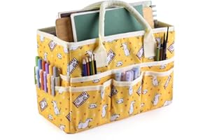 E-WEICHEN Craft Organizer Tote Bag Art Storage Caddy with Multiple Pockets Storage Containers for Art,Craft,and Office Supplies Storage Yellow White Dogs