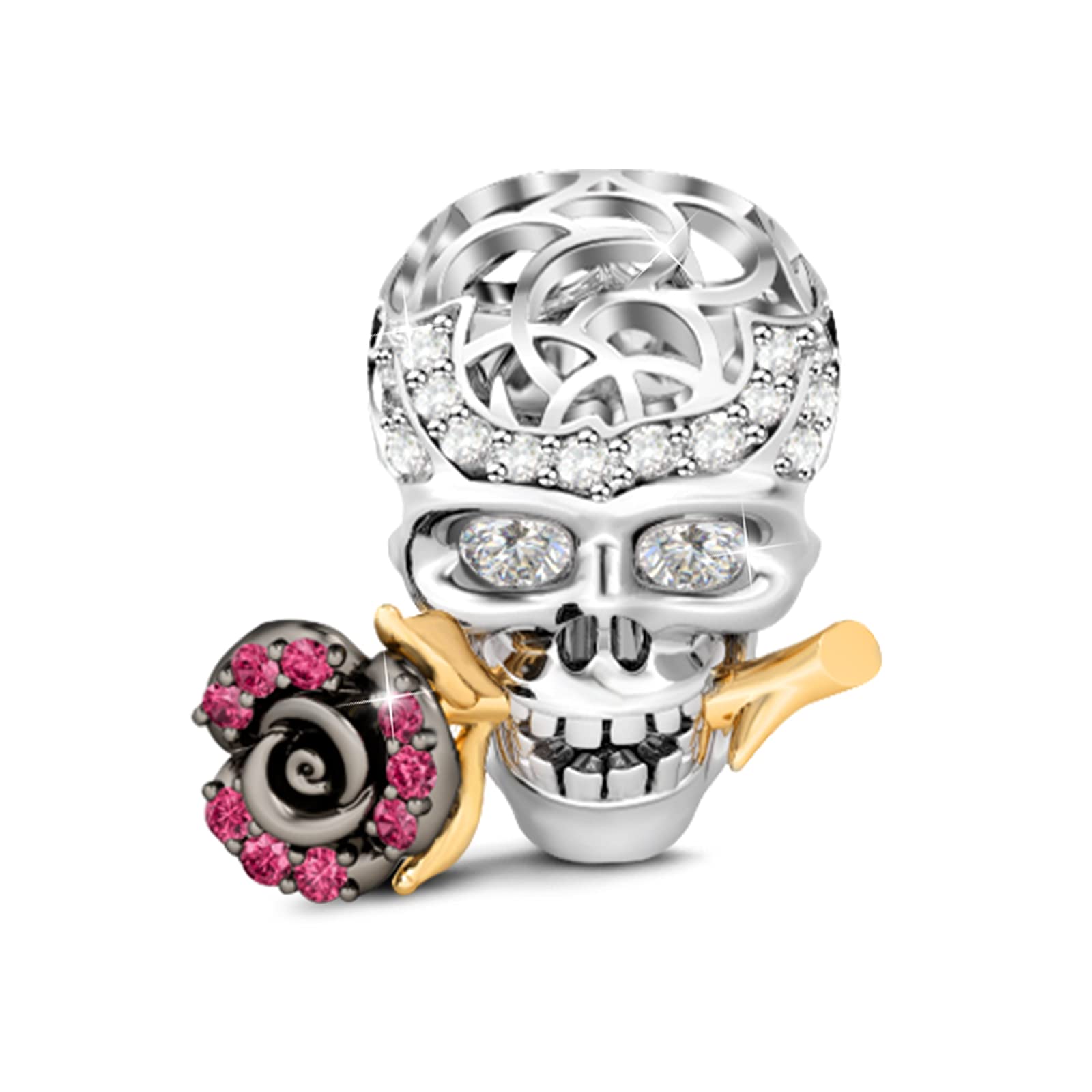 GNOCE "Skull Love Rose Charm Bead 925 Sterling Silver Skull Charm with Rose Fit for Bracelet Necklace (Silver)