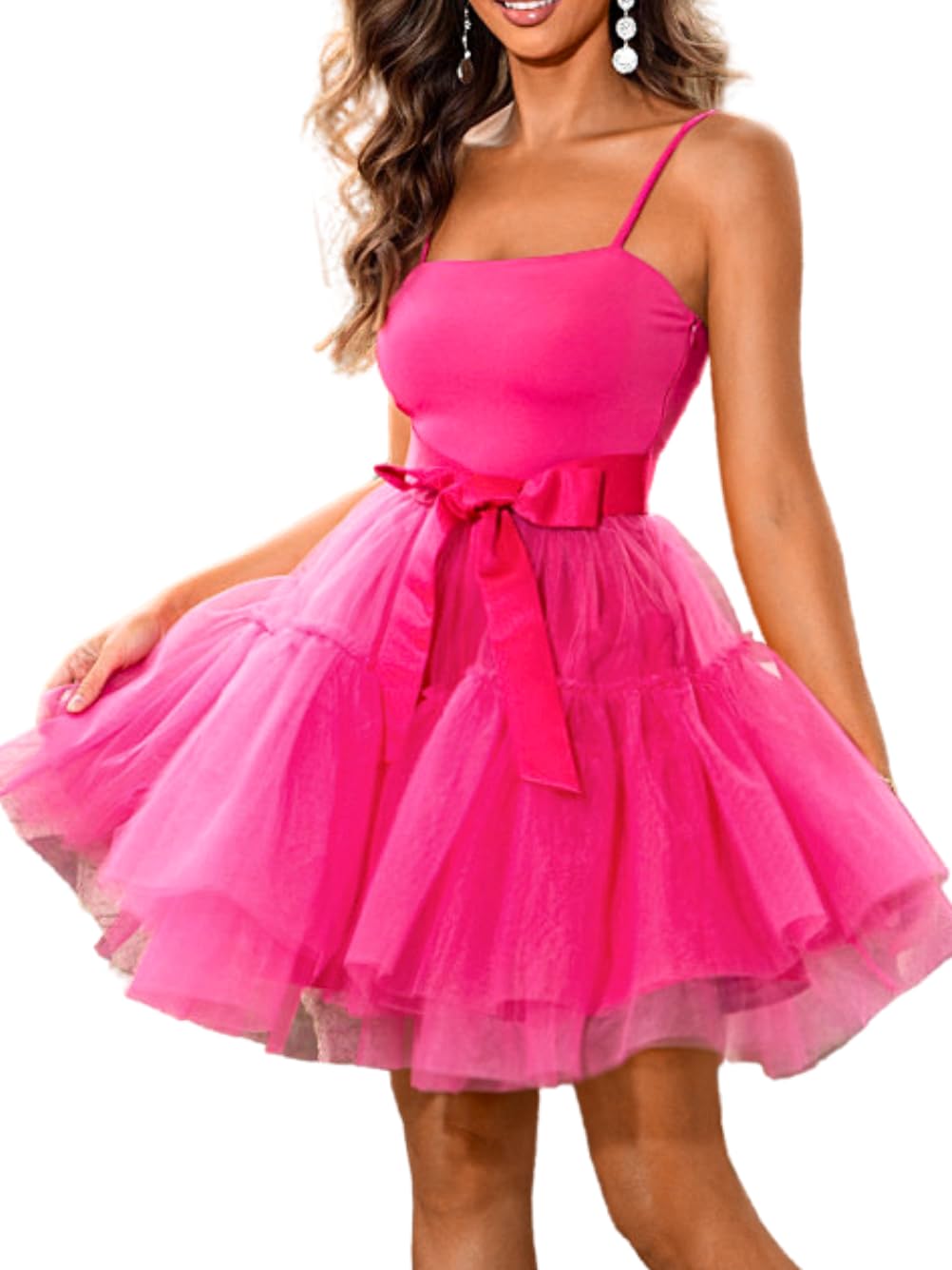 Photo 1 of Kaei&Shi Poofy Short Tulle Dress,Spaghetti Strap Semi Formal Dresses for Women,Elegant Birthday Outfit Homecoming Cocktail Hot Pink Large
