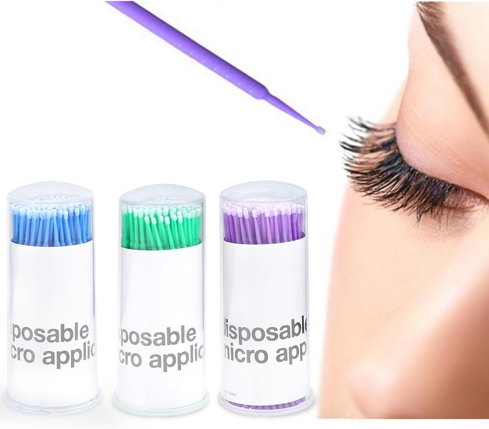 Micro Brushes Cleaning Sticks Mini Brush Eyelash Extension Eyelash Brushes, Pack of 300, Blue, Green, Purple