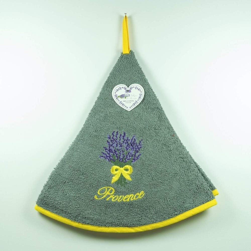 Hand Towel Bouquet de Lavande - Round with Clip - Grey - Embroidered Patterns - 100% Cotton - Ø 65 cm in diameter - Kitchen or Bathroom - Machine Washable