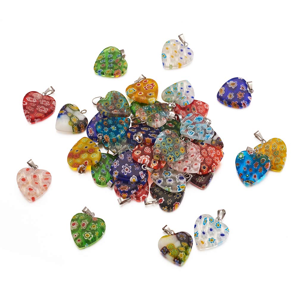 PandaHall 100pcs Heart Millefiori Glass Pendants Lampwork Glass Charms with Flower & Iron Clasps for DIY Necklace Jewelry Making, Random Mixed Color