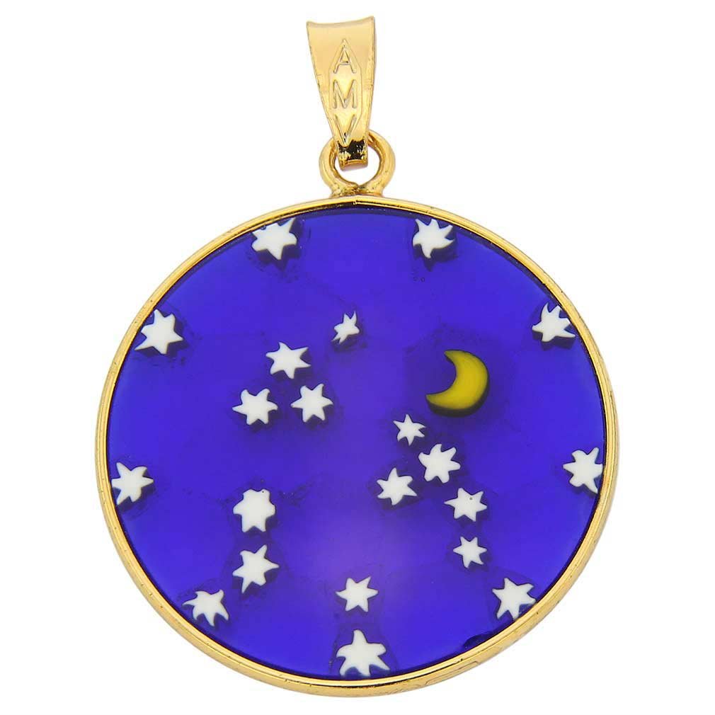 Glass Of Venice Murano Glass Medium Millefiori Pendant 7/8 Inch - Sky, Moon, and Stars Design in Sterling Silver Gold-Plated Frame Handmade in Venice, Italy