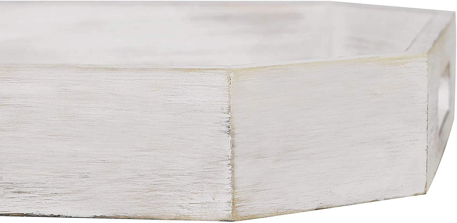  | 2PCS Octagonal Natural Wood Finish Serving Tray with Cutout Handles and Angled Edges, Antique Whitewash Food Tray, Rustic Ottoman display Platter: Serving Trays