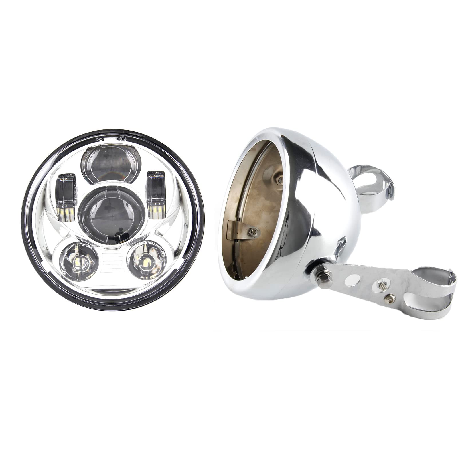 SKUNTUGUANG 5.75 Inch LED Headlight with Headlight Housing Mounting Bracket for Projector Motorcycle Headlamp (Chrome)