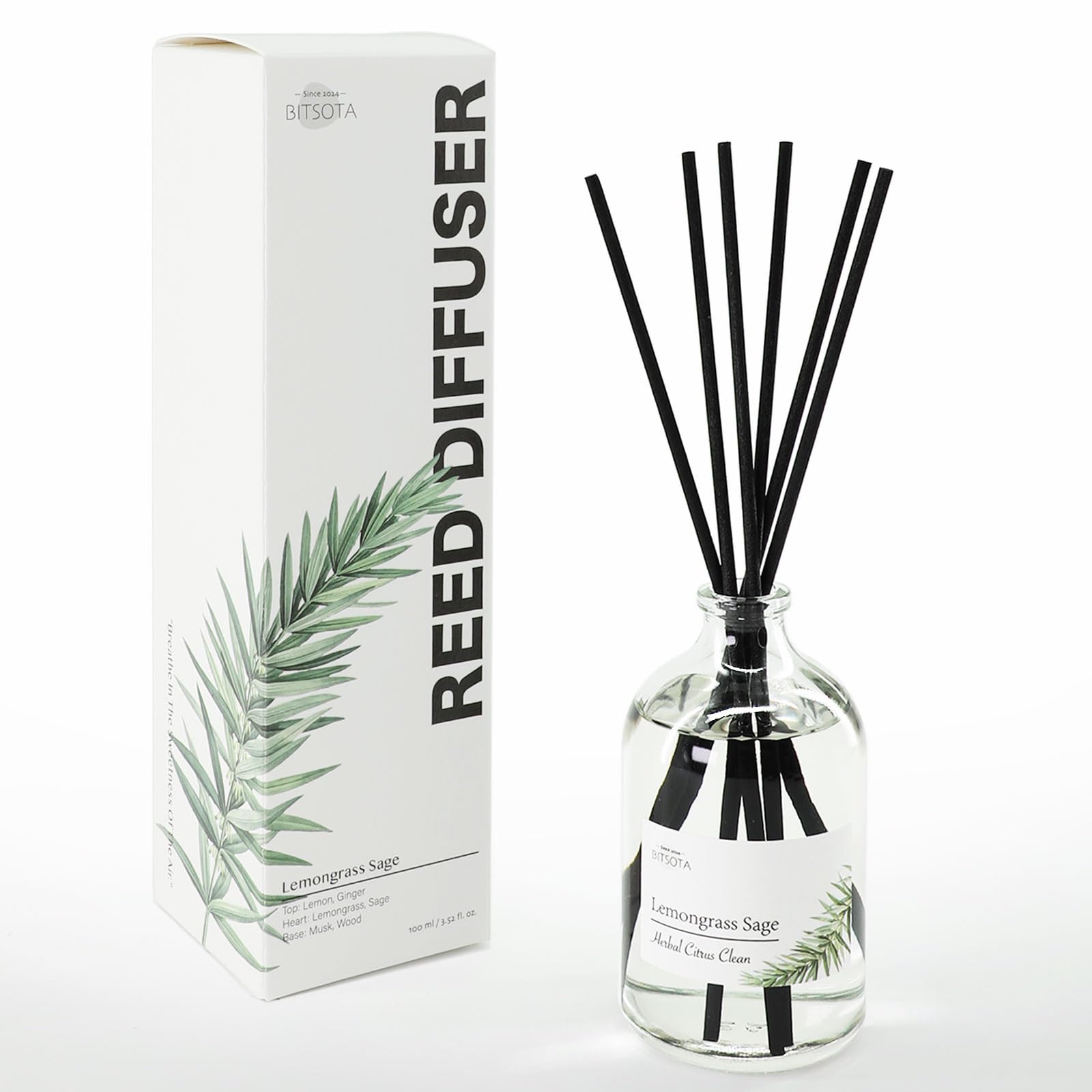 Photo 1 of BITSOTA Reed Diffuser Set, 3.52 oz Lemongrass Sage Scented Diffuser with Sticks Home Fragrance Reed Diffuser for Bathroom Shelf Decor, Ideal Gift for Woman