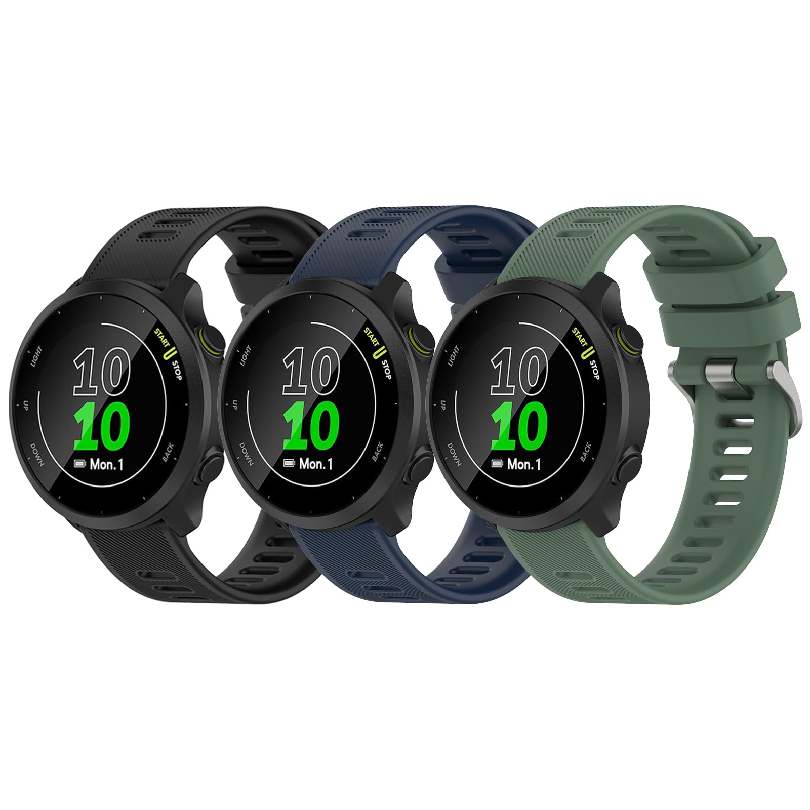 Garmcool 3 Pack Strap Compatible with Garmin Forerunner 55/245/645/165/158, Venu, Venu Sq/2 Plus/Sq 2 Women Men, Silicone Classic Replacement Band Black, Blue, Green (Strap Only) — image 1