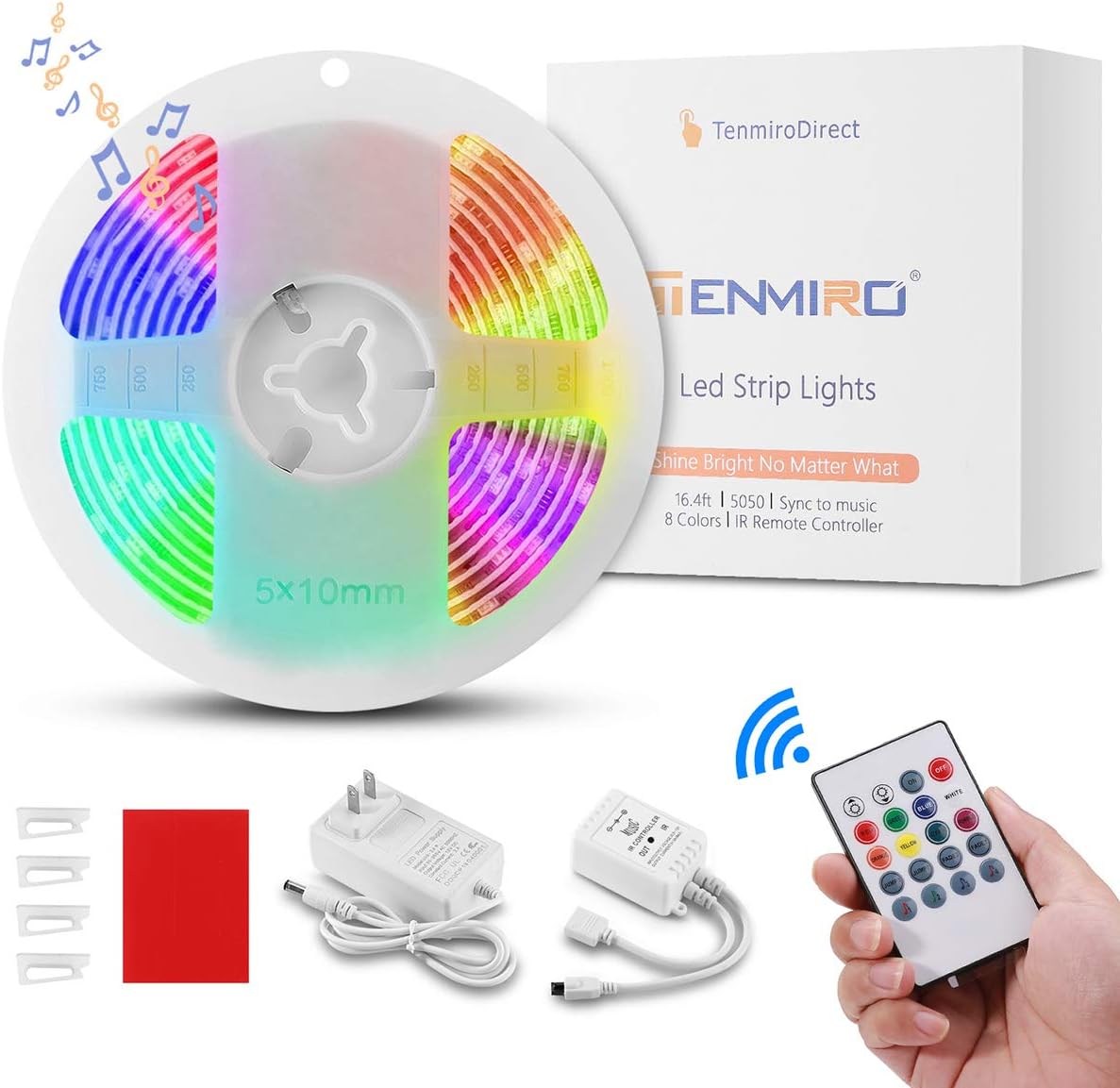 LED Strip Lights, Tenmiro 16.4ft LED Music Sync Color Changing Lights with 20keys Music Remote Controller and 12V Power Supply, SMD5050 RGB Led Strips for Room, Bedroom, TV, Party