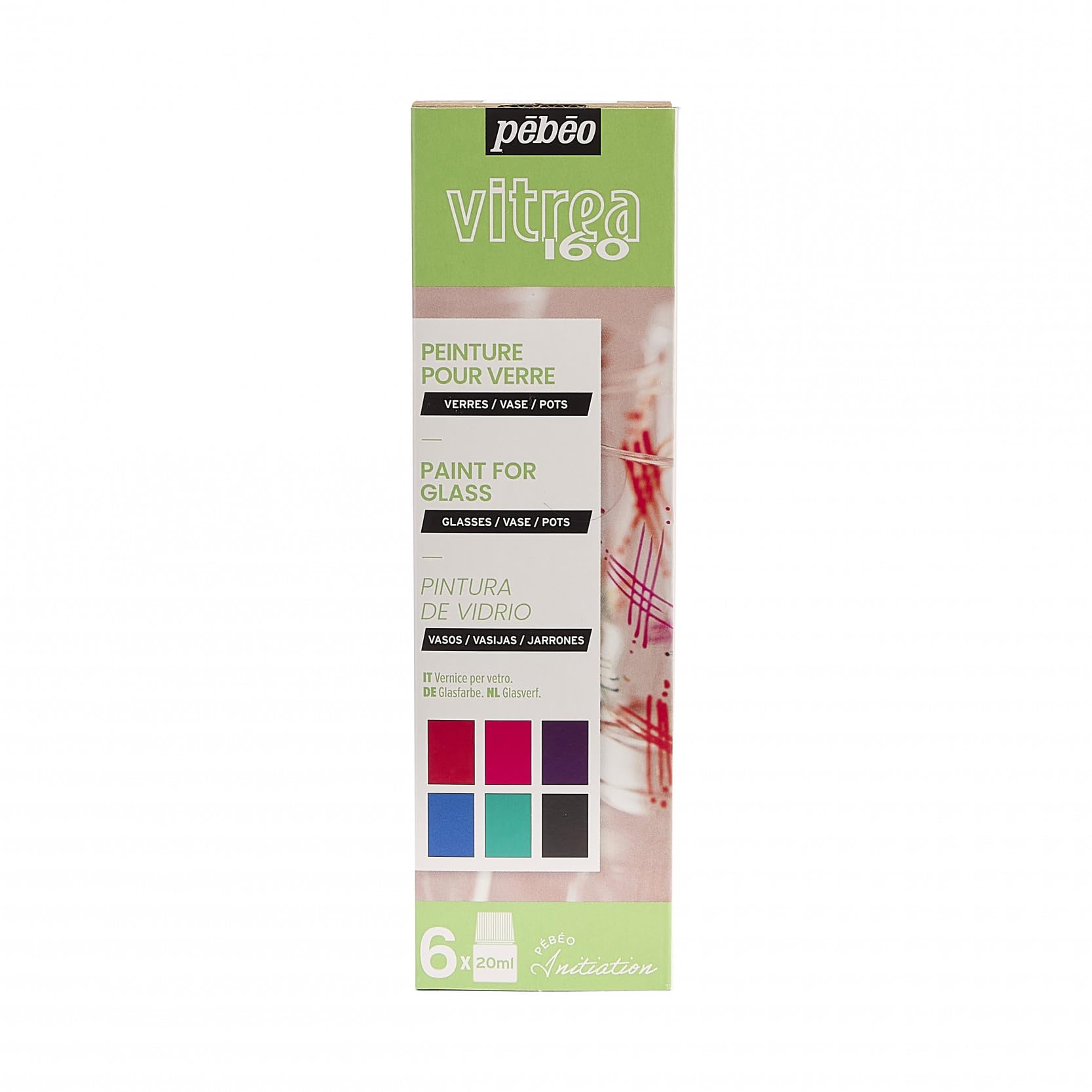 Pébéo Vitrea 160 Starter Set - Glass Paint Kit - 6 x 20 ml Bottles in Assorted Colours: Pepper Red, Vivid Pink, Amaranthine, Cyan, Turquoise, Ink Black