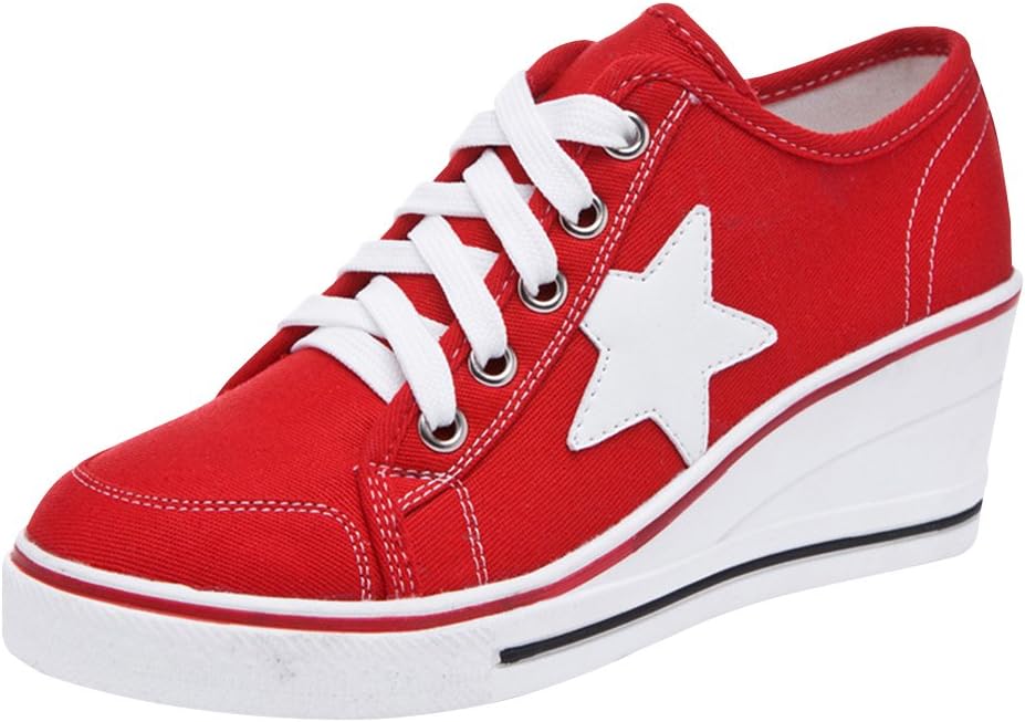Padgene Ladies Wedges Canvas Shoes Heel Wedges Platform Shoes Lace up Trainers Fashion Sneaker Pump Sport Boots Female High Heels for Girls & Women