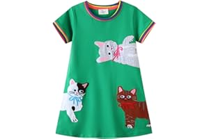 RETSUGO Little Girls A-Line Dress Cute Unicorn Rainbow Pattern Short Sleeve Casual Toddler Girl Dresses for Party 1-8 Years