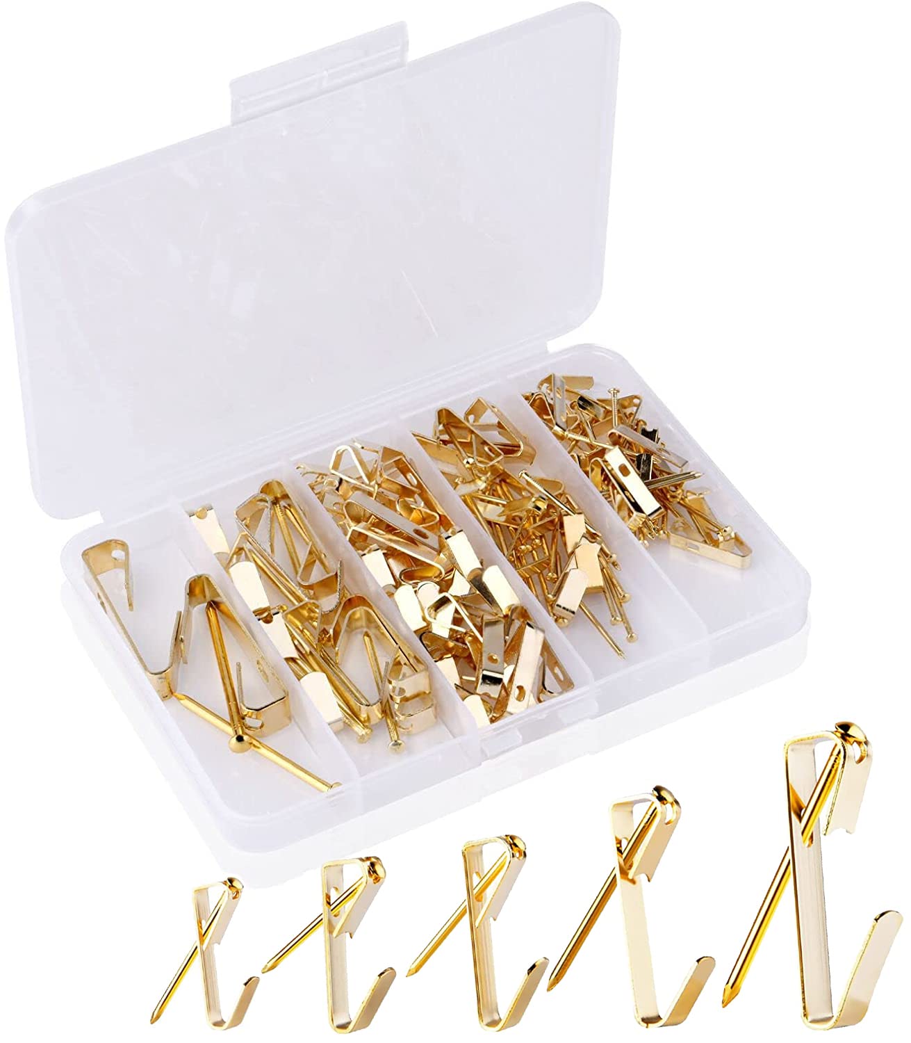 Flintronic 120PCS Picture Hanging Hooks Kit , 5 Sizes-10/20/30/50/100LB with 60 Nails, Heavy Duty Copper Hooks, Picture Hangers for Photos Frames Mirrors Wooden Wall Painting Clock Bags Clothes