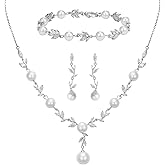 SWEETV Jewelry Set for Bride Women, Cubic Zirconia Pearl Bridal Earrings Necklace Bracelet Set, Bridal Jewelry Set for Wedding Prom