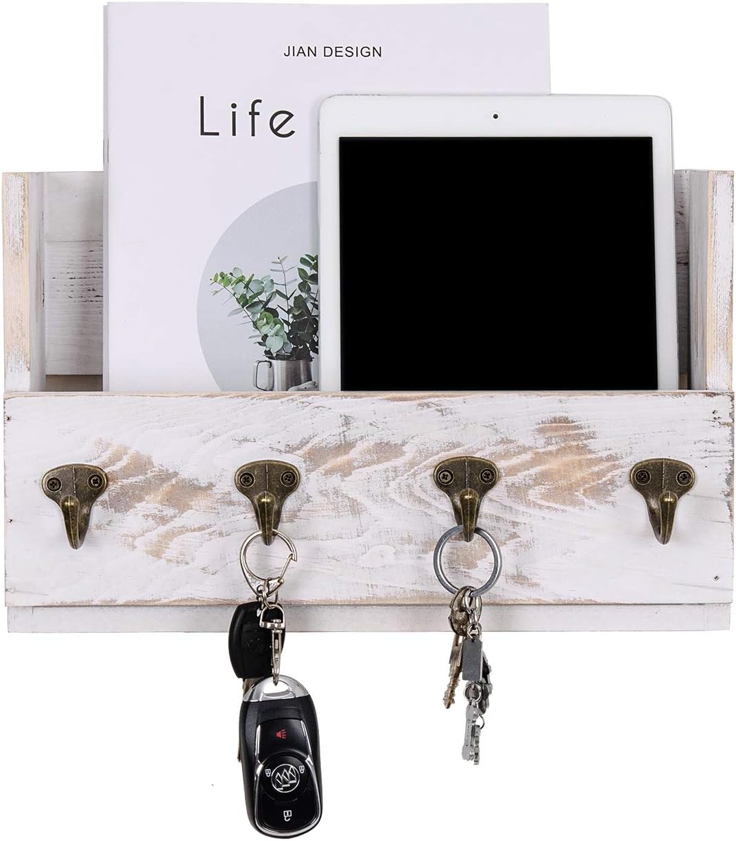 VERGOODR Distressed Pine Wood Wall Mounted Mail，Rack Hanger, Letter and Key Holder Organizer for Entryway, Kitchen, Hallway, Foyer-Wall Mount,Office with 4 Key Hooks (Washed White)