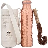 100% Pure Copper Water Bottle (32 oz/ 950ml) With Ayurvedic Benefits, Travel-Friendly Design Leak Proof Pure Copper Hammered Water Bottle For Drinking, Comes With Canvas Carry Bag & Cleaning Brush