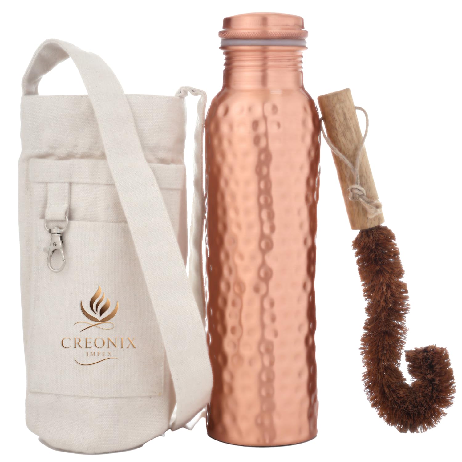 Photo 1 of 100% Pure Copper Water Bottle (32 oz/ 950ml) With Ayurvedic Benefits, Travel-Friendly Design Leak Proof Pure Copper Hammered Water Bottle For Drinking, Comes With Canvas Carry Bag & Cleaning Brush
