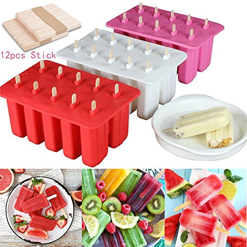 10-Cavity Frozen Ice Cream Pop Mold Silicone Popsicle Maker Lolly Mould with Cover Lid +12 Sticks - Thumbnail 5