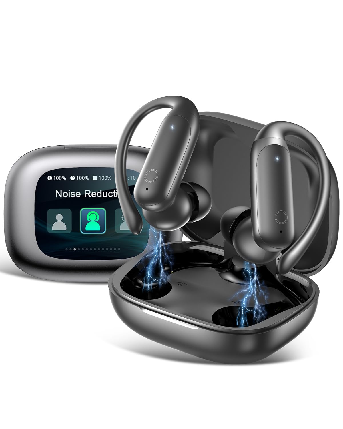 LEEMC Wireless Earbuds, Bluetooth Headphones 6.0, Ear Buds with Touch Screen, ANC ENC Noise Cancelling, 40H Bass Stereo Sound Over-Ear Earphones for iOS, Android, Sports, Workout，Charcoal Image