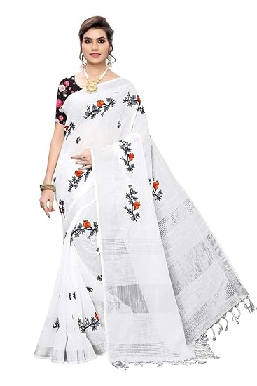 Linen with Blouse Piece Saree (BEYHADH_White Free)
