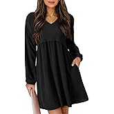 Dokotoo Womens Fall Dresses 2025 Casual V-Neck Long Sleeve Empire Waist Waffle Knit Mini Dress with Pockets