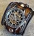 Steampunk Leather Cuff Watch, Skeleton Men's watch, Aged brown Leather Cuff, Bracelet Watch, Wrist Watch
