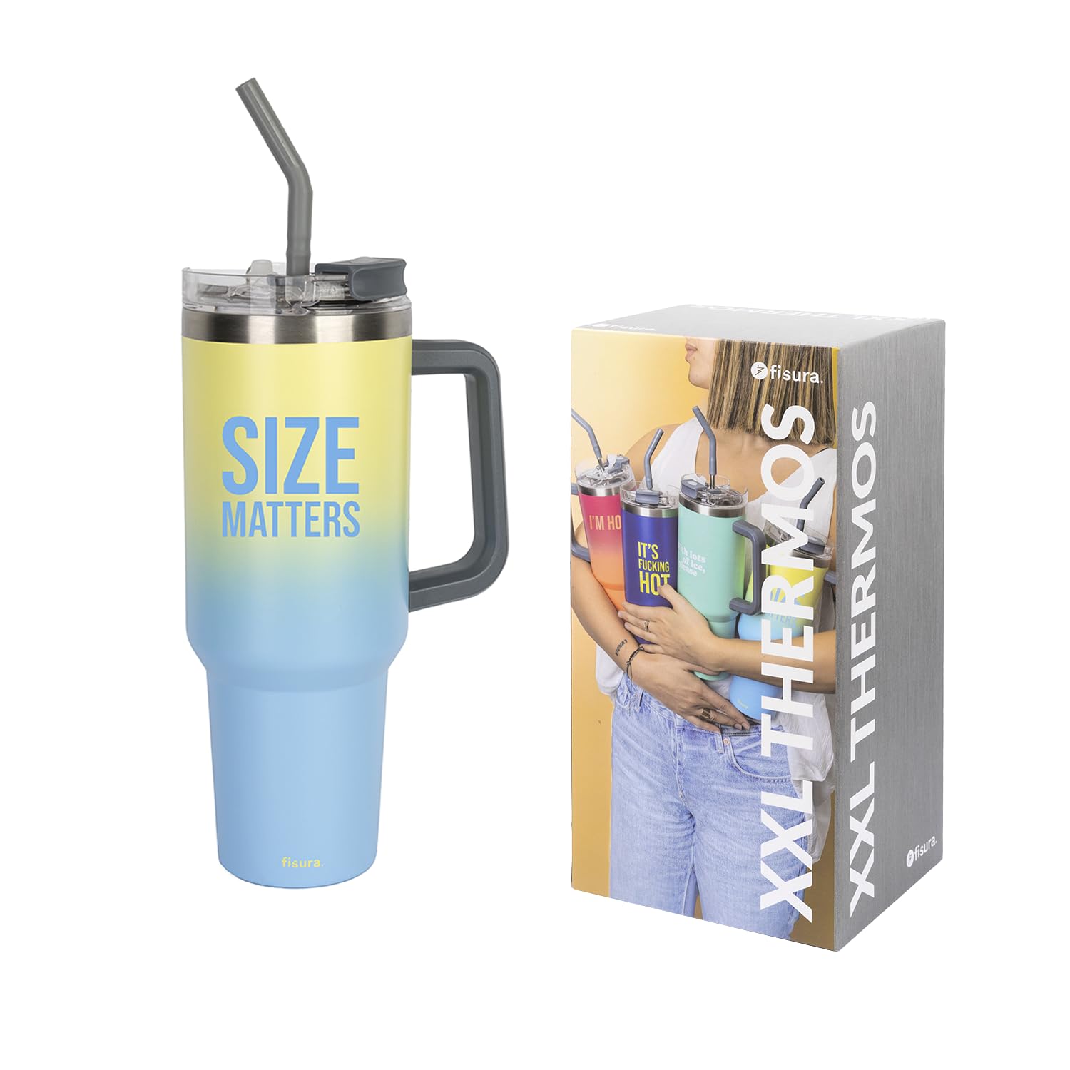 Fisura – Thermal Water Bottle 40 oz. Large Insulated Bottle. Stainless Steel Bottle. BPA-Free. Cold for 24 Hours/hot for 12 Hours. Includes Straw. 3.81 inch x 10,94 inch (Size, Yellow)