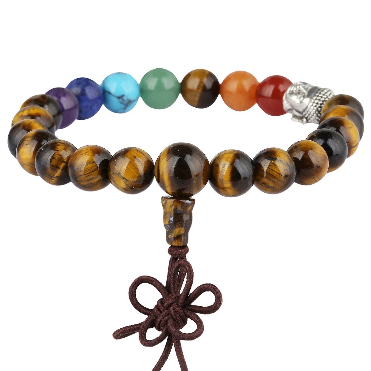 KYEYGWO Mala Prayer Beads Bracelet for Woman, 7 Chakras Crystal Stone Round Beads Stretch Bracelets, Tiger's Eye Stone