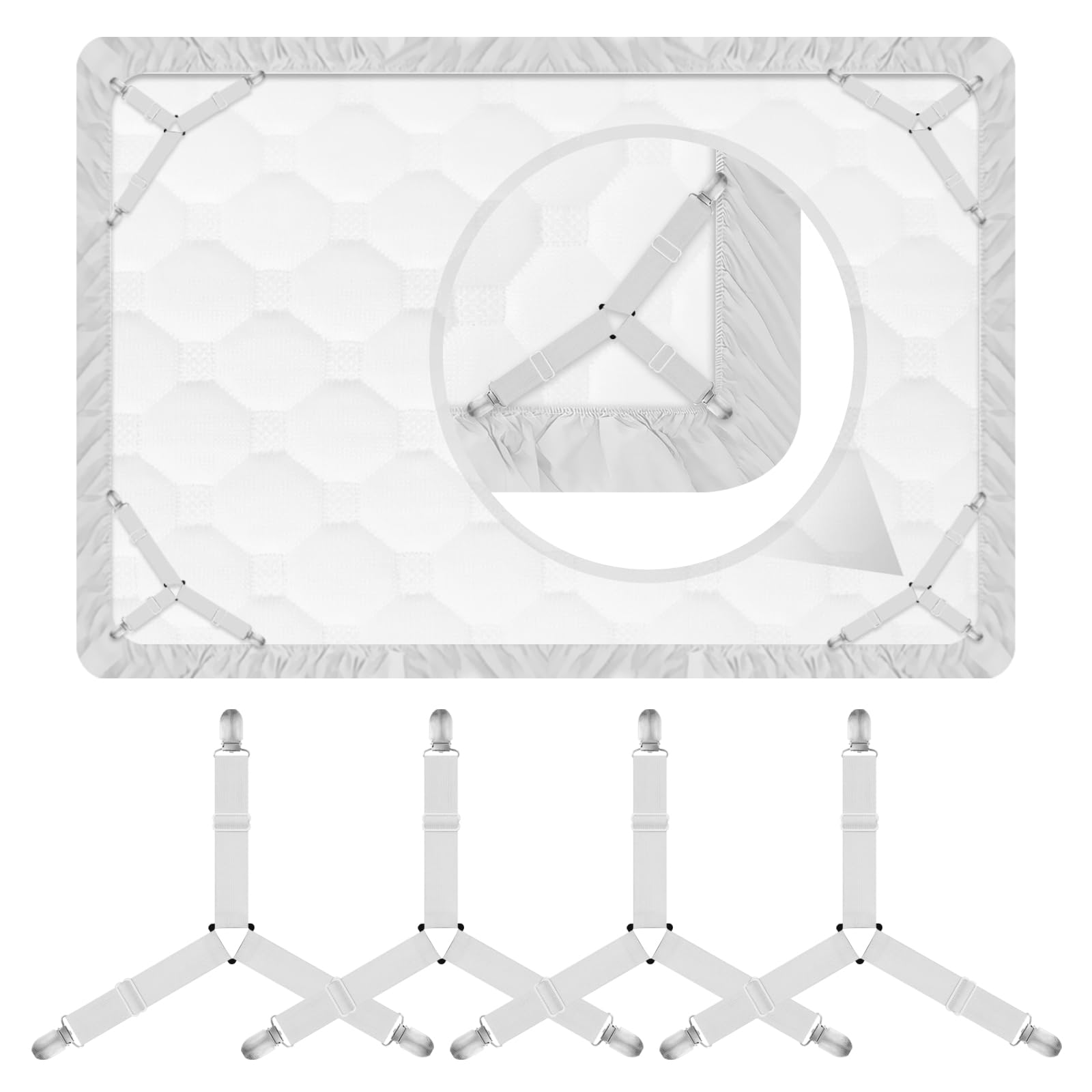 Bed Sheet Clips, Adjustable Fitted Sheet Straps, Triangle Bed Sheet Straps Sheet in Mattress Corner Holders Keep Sheets Firm & Tight, Bed Sheet Straps Adjustable Elastic Bedsheet Fasteners (White)