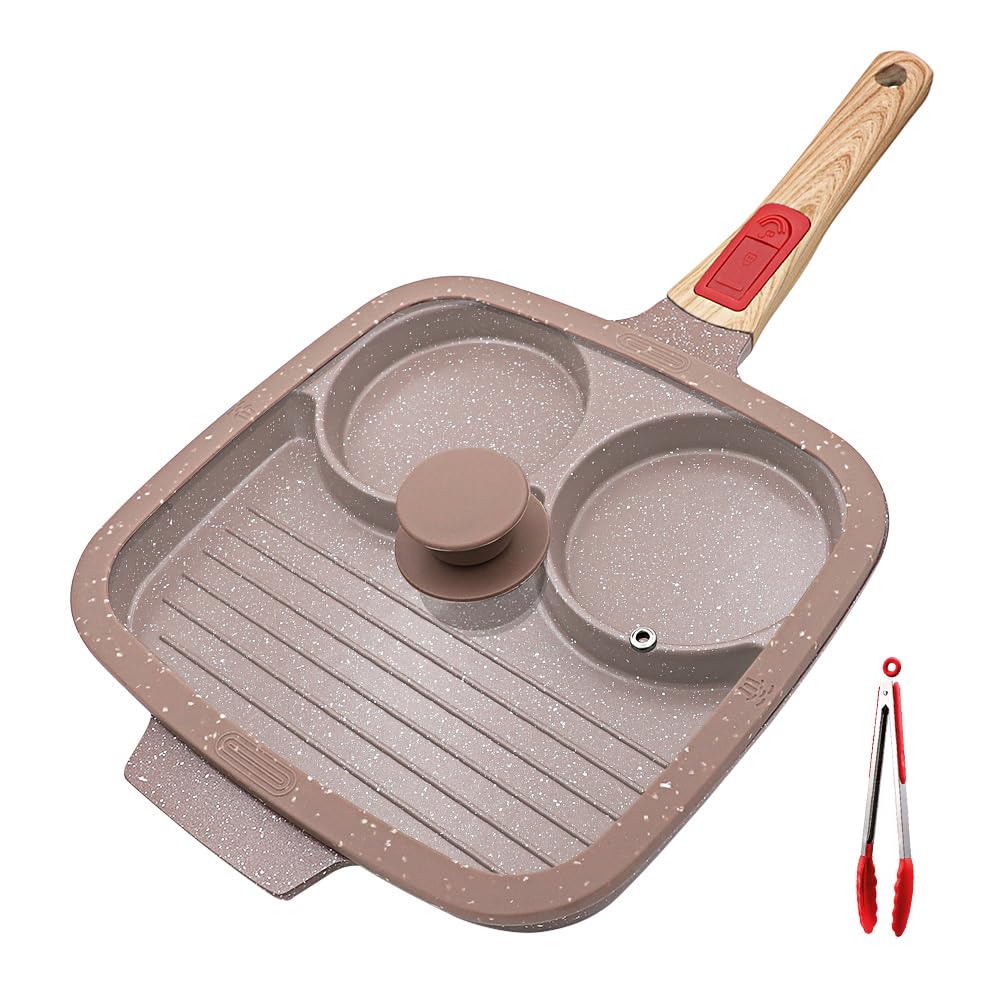 RANX INGST Divided Frying Pan with Lid 3 in 1, Non Stick Ceramic Coating, 26 cm Multi Section Egg Frying Pan with Detachable Handle Breakfast Pan - Brown