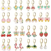 16 Pairs Hypoallergenic Dangle Hoop Earrings for Girls Teens Kids Cute Flower Animal Earrings Small Hoop Earrings Sets with Charms