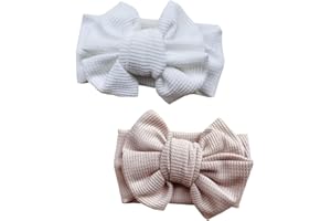 Fokmuaex 2Pcs Newborn Headbands with Bows, Soft Elastic Waffle Knit Baby Headwrap for Girls, Stretchy Gentle Hair Accessories