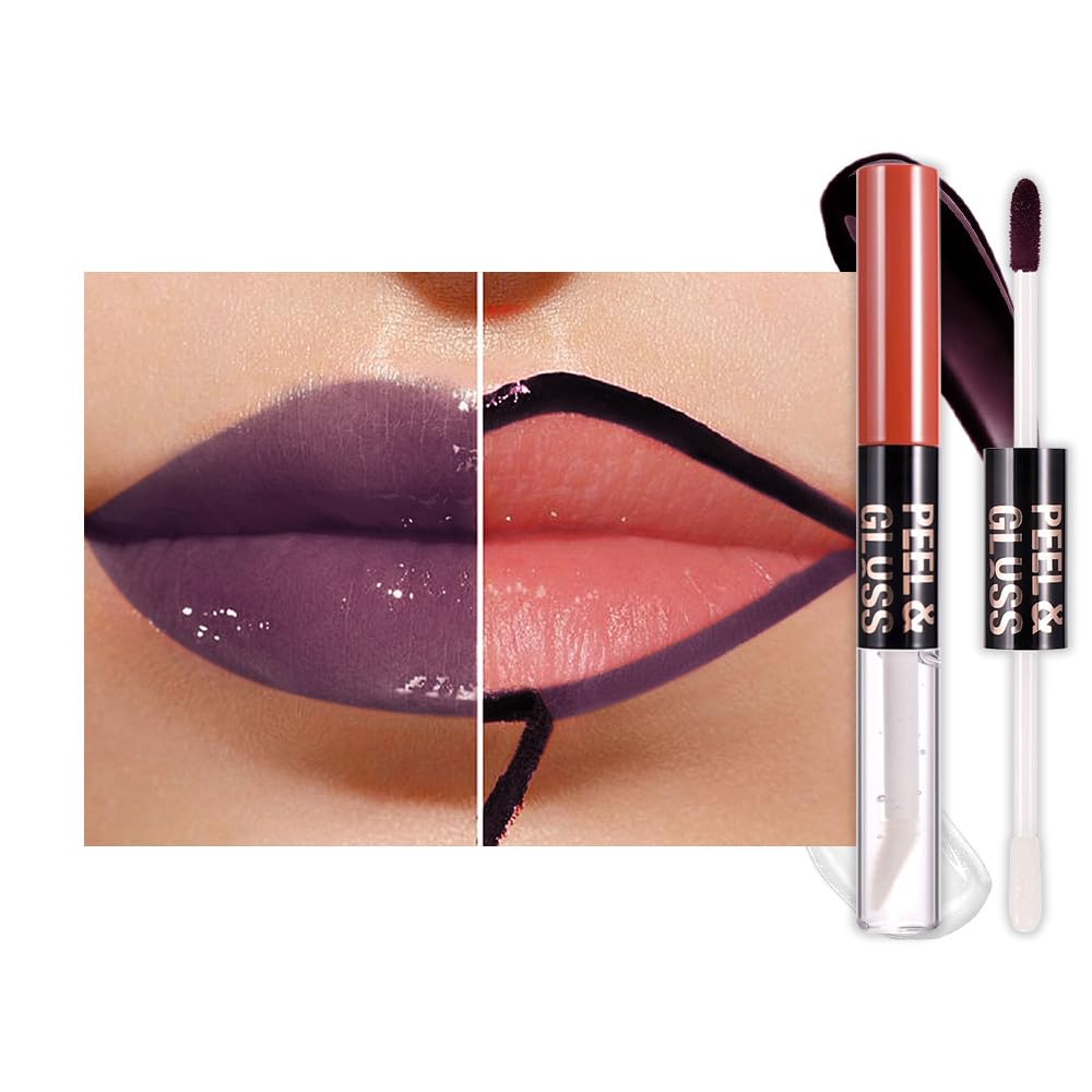 View 1 of *2 pack* Dark Purple Lip Stain Peel off Lip Oil Dual Ended Combo Set, 2 in 1 Lips Liner Stain Oil Peel off Long Lasting Waterproof, High Pigmented Flawless Lips Tint Stick Not Faded Vegan & Cruelty-free 08#