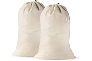 QUBA LINEN Large Cotton Laundry Bags 24x36 Inch with Drawstring, Heavy Duty Travel Organizer for Hamper, Basket, Camp – Beige (2 Pack)