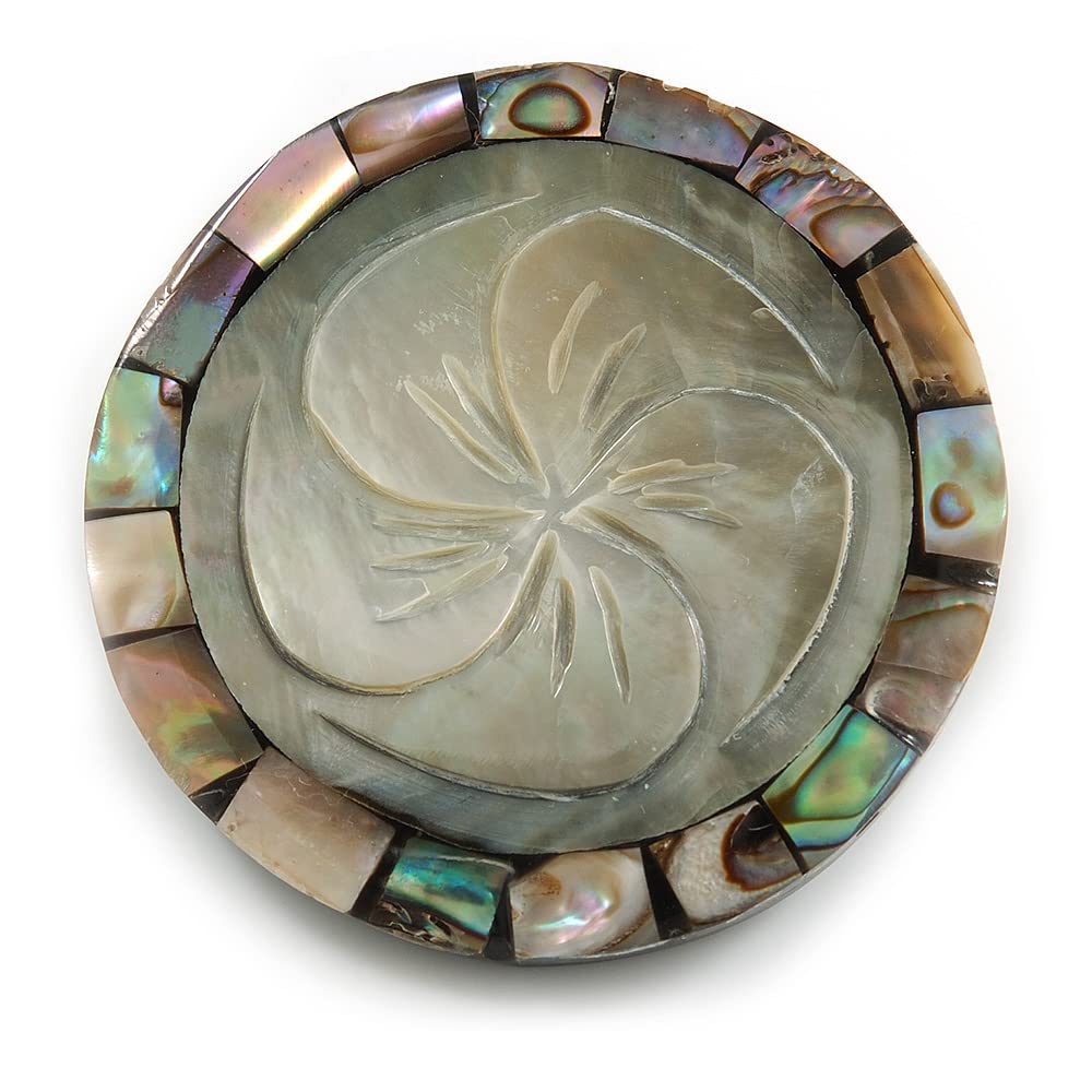 40mm L/Round Flower Motif Sea Shell Brooch/Grey/Natural/Abalone Shades/Handmade/Slight Variation In Colour/Natural Irregularities