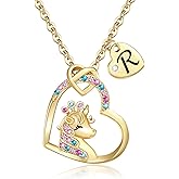 Chunyee Unicorn Gifts for Girls, Colorful CZ Heart Unicorn Necklaces Initial Necklace Birthday Christmas Gift for Girls Teens