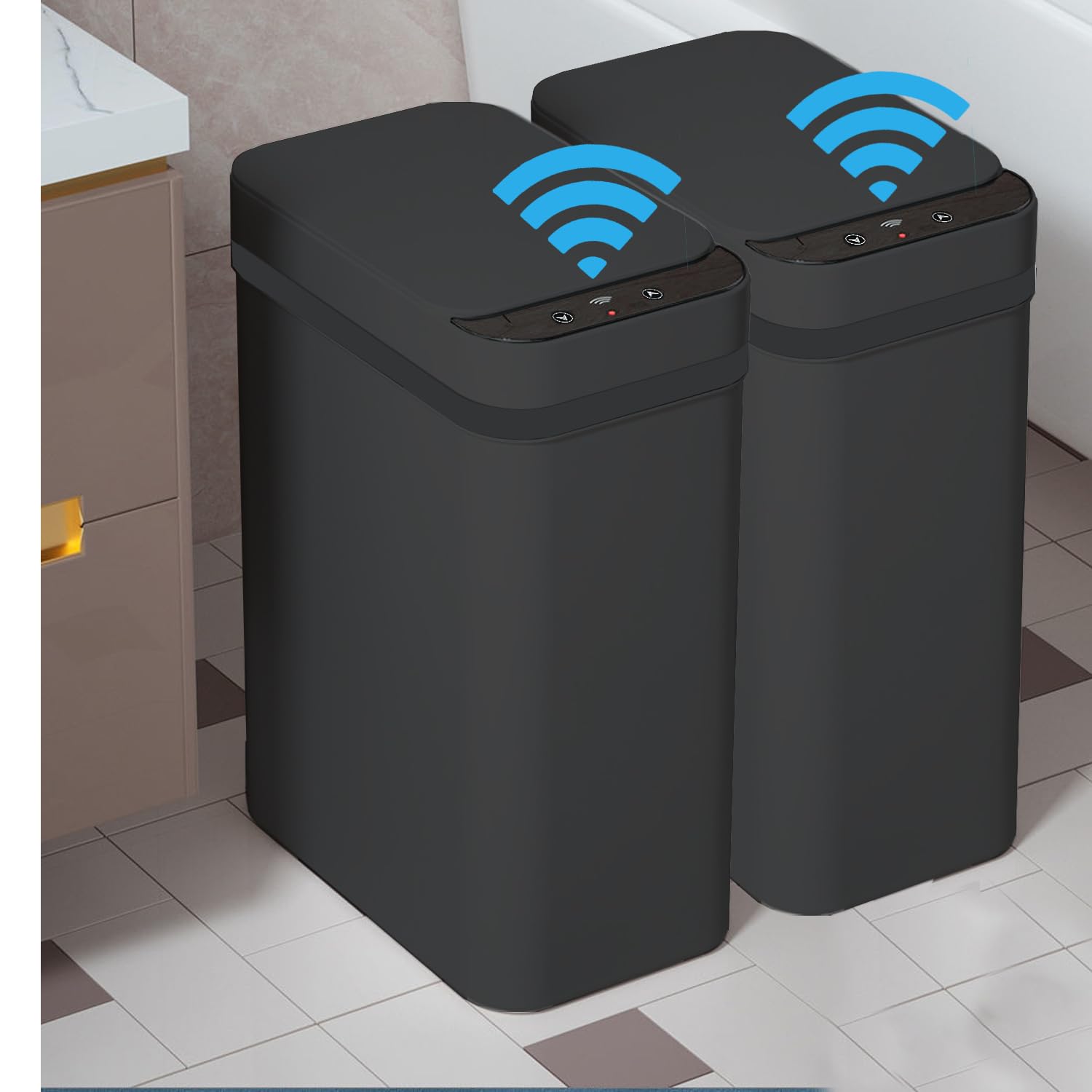 Photo 1 of Yatmung 2 Pack - Skinny Trash Bin Sensor Motion 2.5 Gallon Touchless Bathroom Trash Can - Smart Trash Can with Lid - Electric, Narrow, Plastic, Auto Open - Small Slim Automatic Garbage Can (Black)