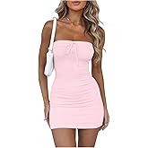 MakeMeChic Women's Ruched Knot Front Tube Dress Rib Knitted Bodycon Bandeau Mini Dresses