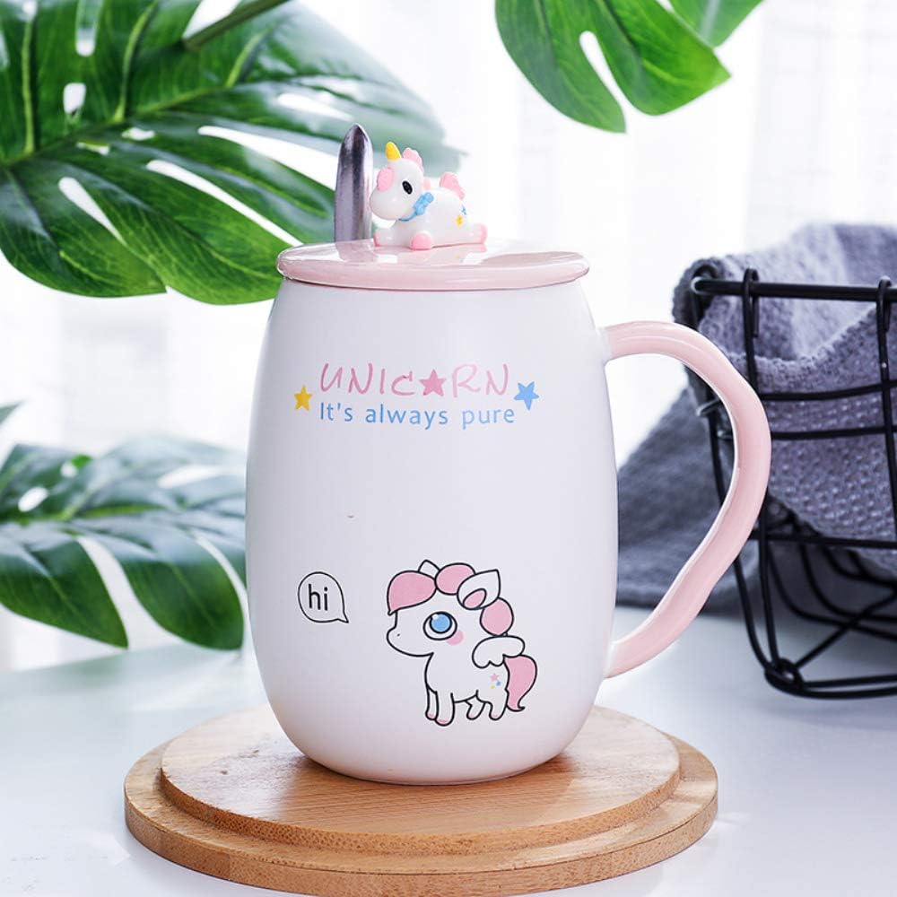 ABYED Unicorn Mug Coffee Tea Cup with Spoon Ceramic Travel Mug with Lid and Handle for Girl Woman - 500ml,White&Pink,Model3