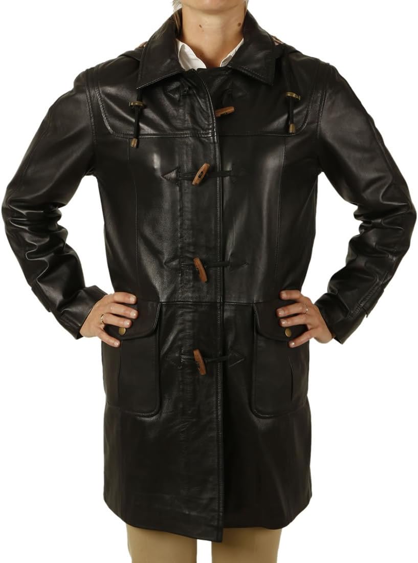 Ladies 3/4 Length Black Leather Duffle Coat