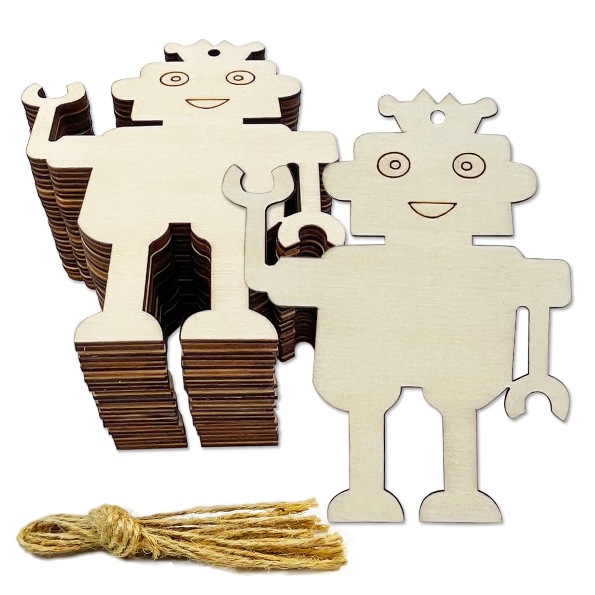 Photo 1 of 30 Pieces Unfinished Robot Wood DIY Crafts Cutouts Wooden Robot Shaped Hanging Ornaments with Hole Hemp Ropes Gift Tags for Home Party Decoration Craft Project