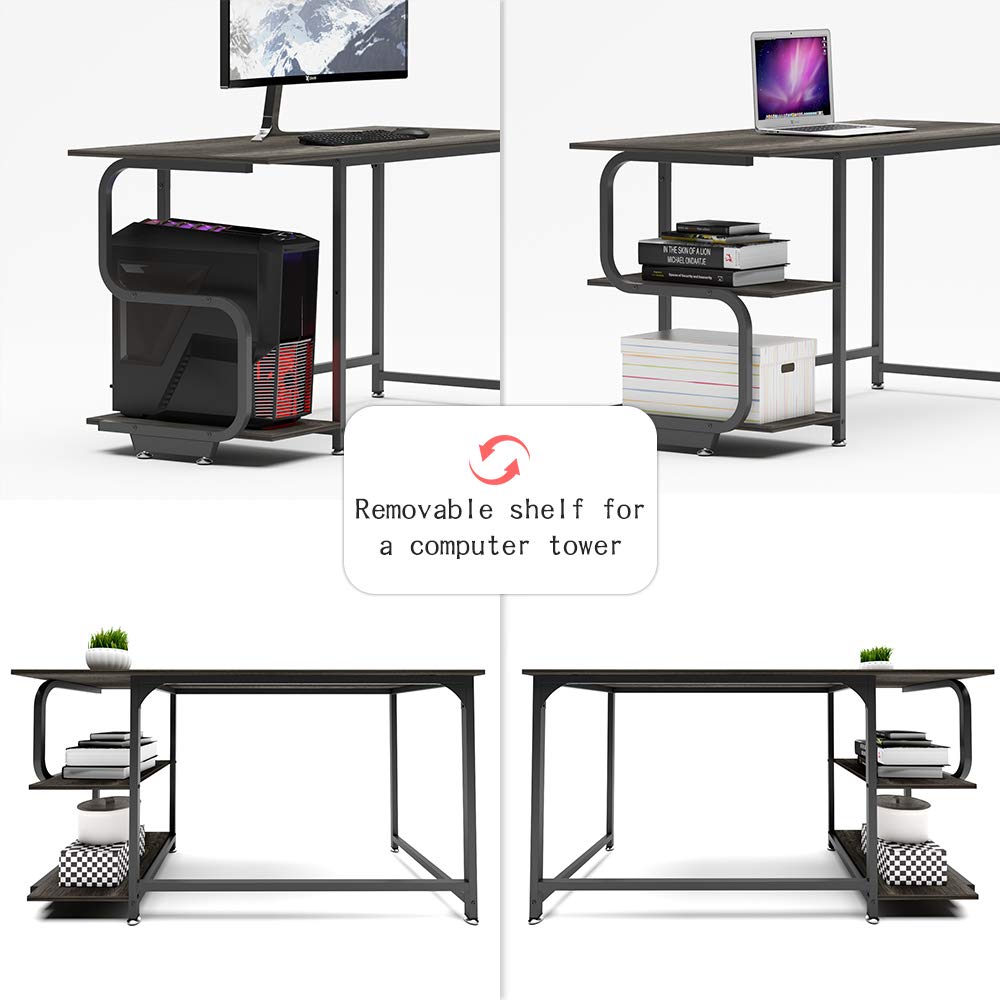 Teraves Reversible Computer Desk for Small Spaces with Shelves,47 inch Gaming Desk Office Desk for Home Office