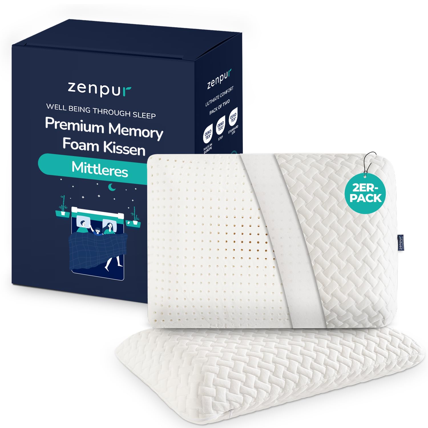 ZenPur Nackenstützkissen 2er-Set 40x60-13cm Memory Foam Kopfkissen - Ergonomisches Schlafkissen für Nacken und Schulter, Oeko-TEX Zertifiziert