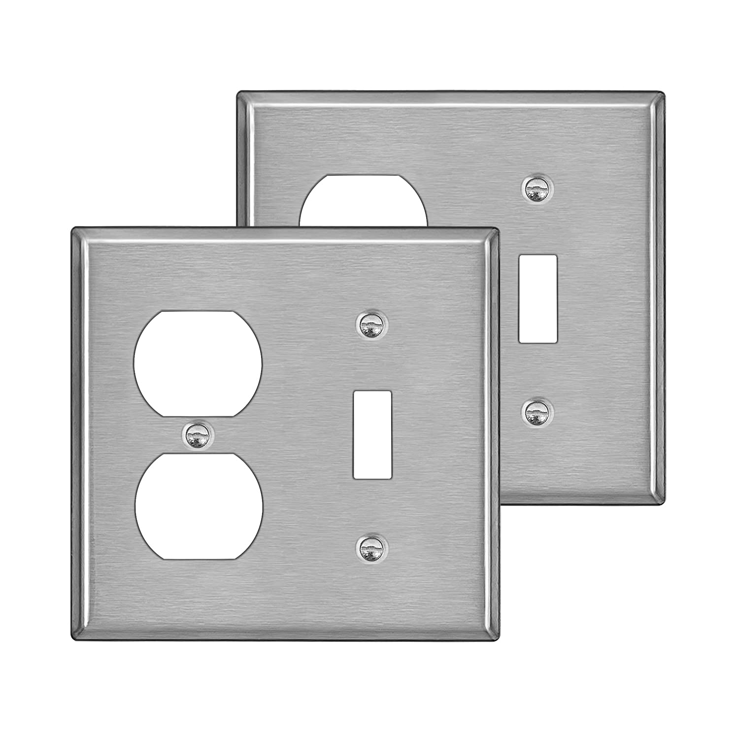 Photo 1 of [2 Pack] BESTTEN 2-Gang Combination Metal Wall Plate with Protective Film, 1-Duplex/1-Toggle, Corrosion-Resistant Stainless Steel Outlet and Switch Cover, Standard Size, Brushed Finish, Silver